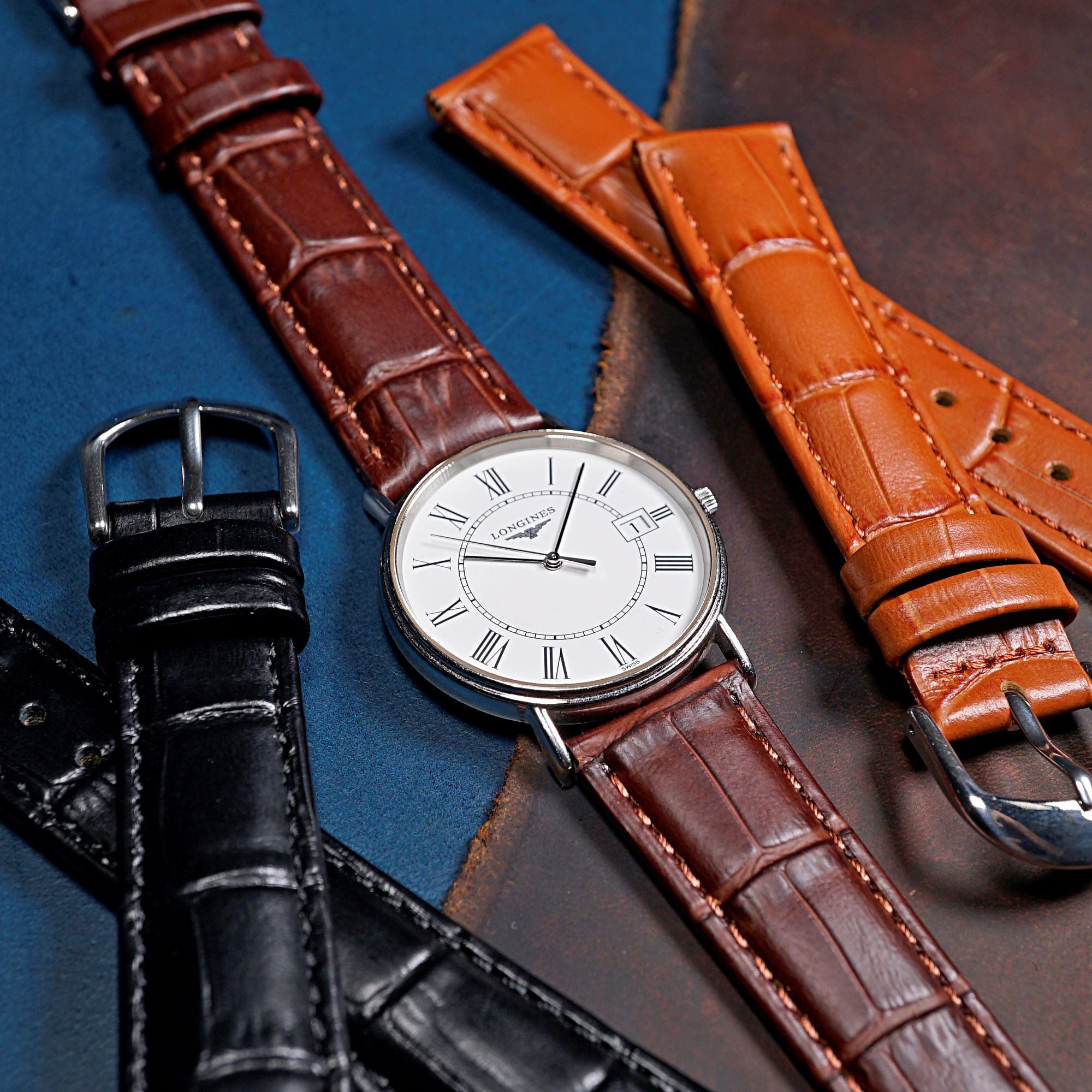 Genuine Croc Pattern Stitched Leather Watch Strap in Brown - Nomad Watch Works MY