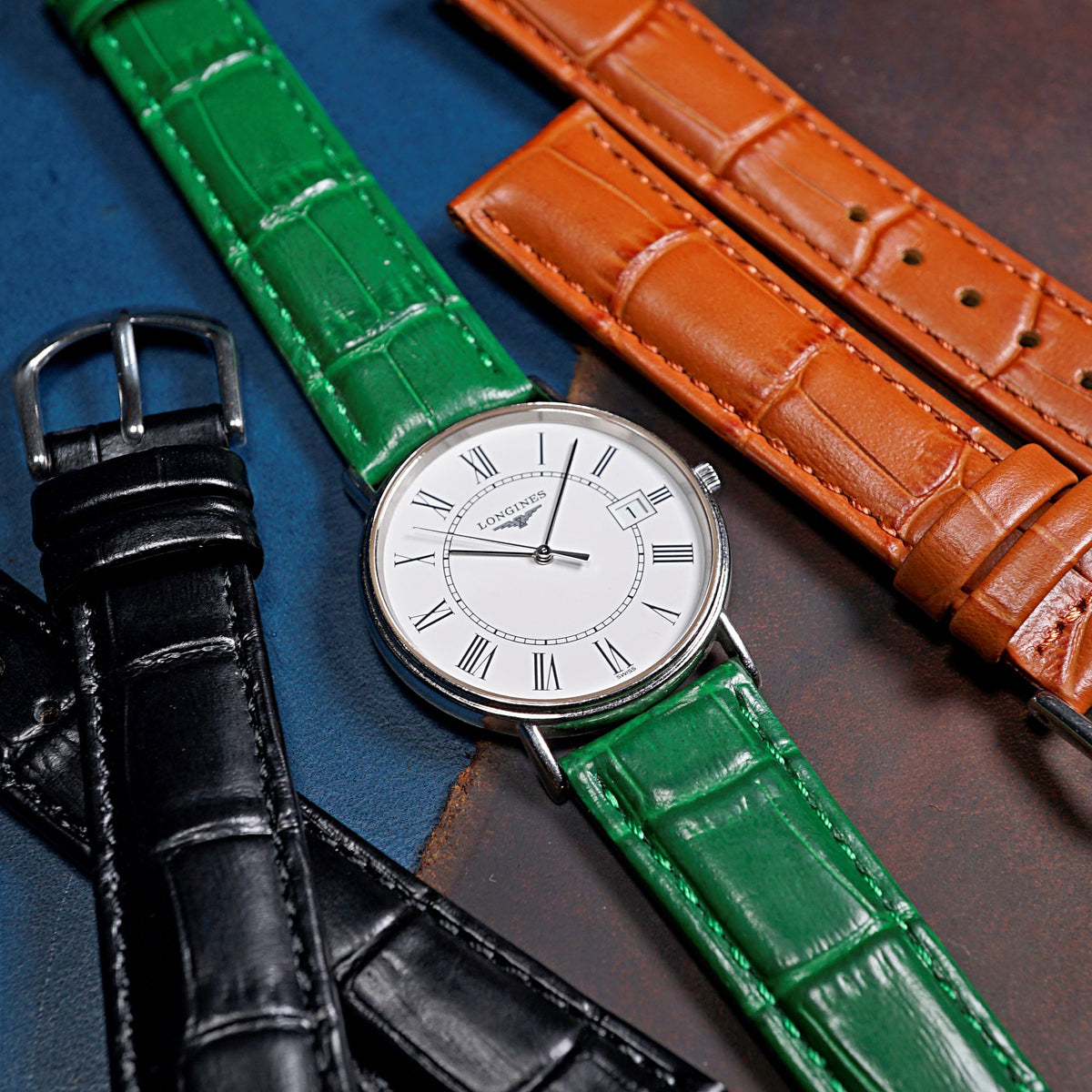 Genuine Croc Pattern Stitched Leather Watch Strap in Green - Nomad Watch Works MY