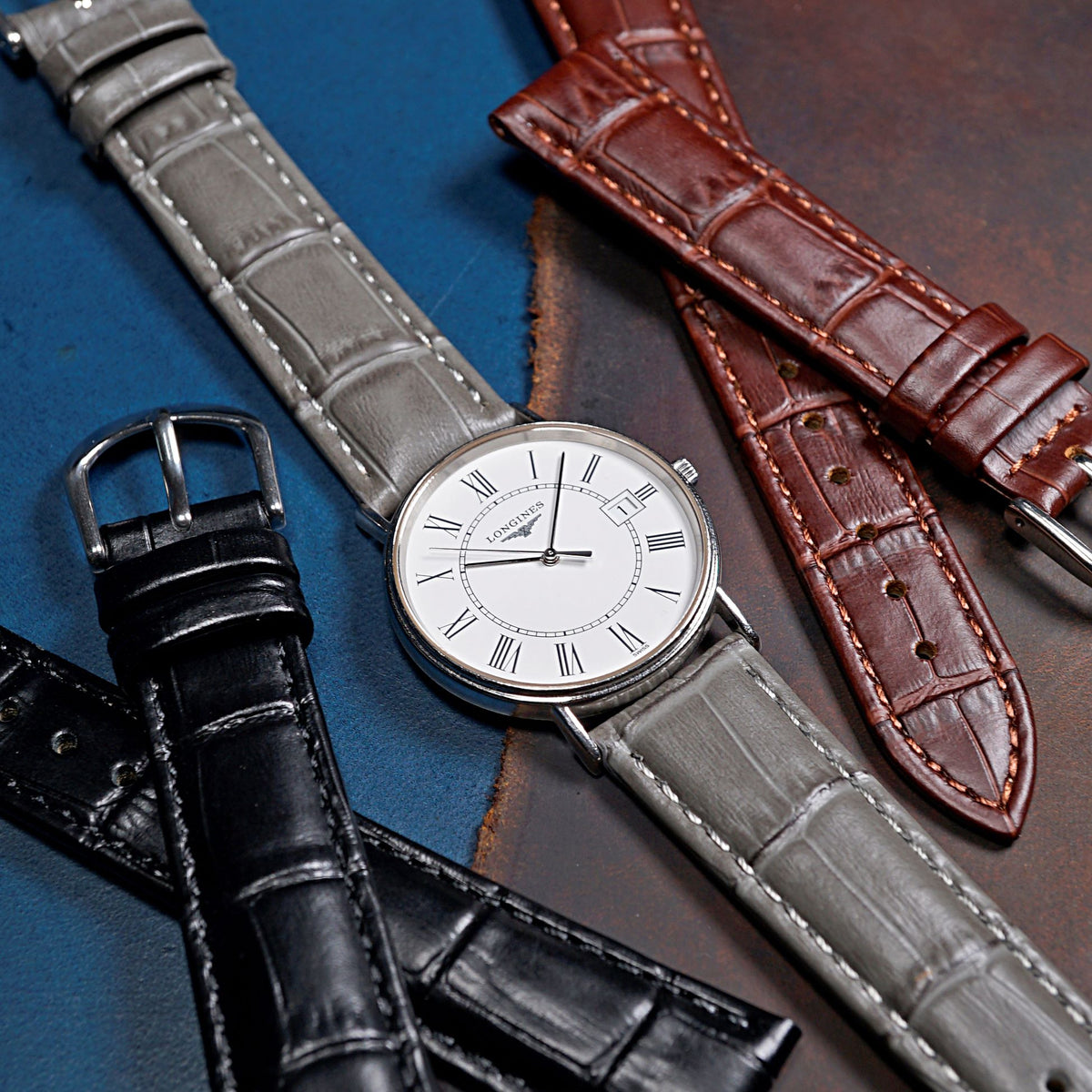 Genuine Croc Pattern Stitched Leather Watch Strap in Grey - Nomad Watch Works MY