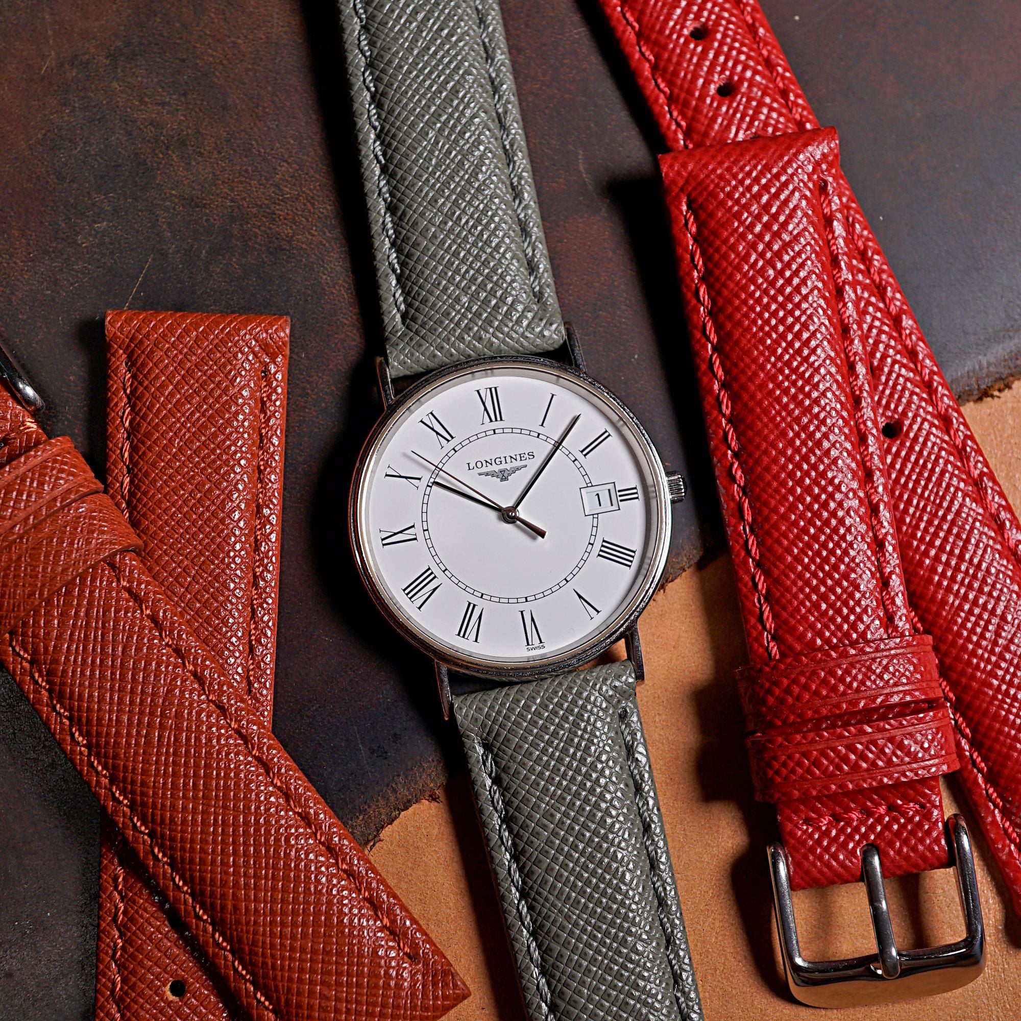 Premium Saffiano Leather Strap in Grey - Nomad Watch Works MY