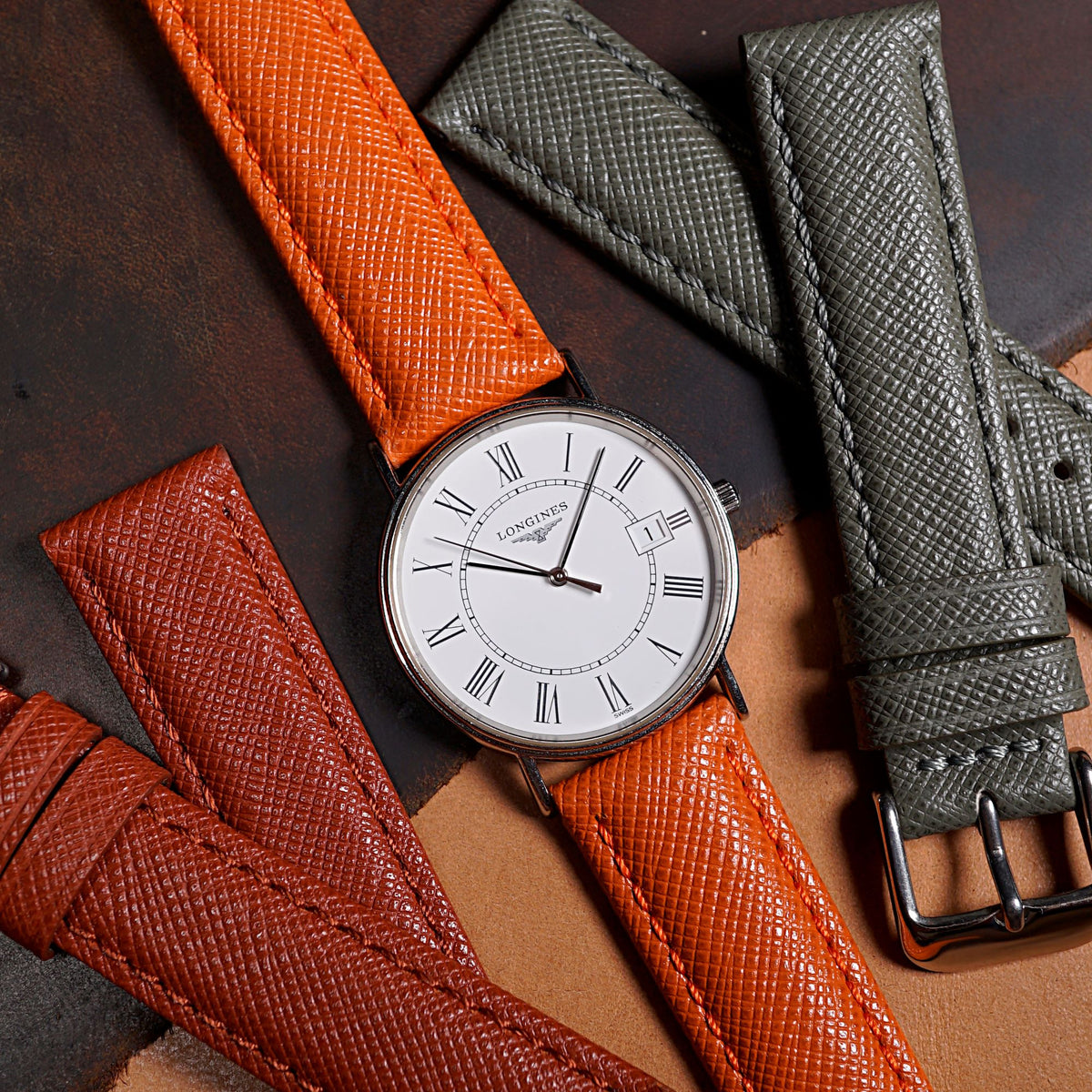 Premium Saffiano Leather Strap in Orange - Nomad Watch Works MY