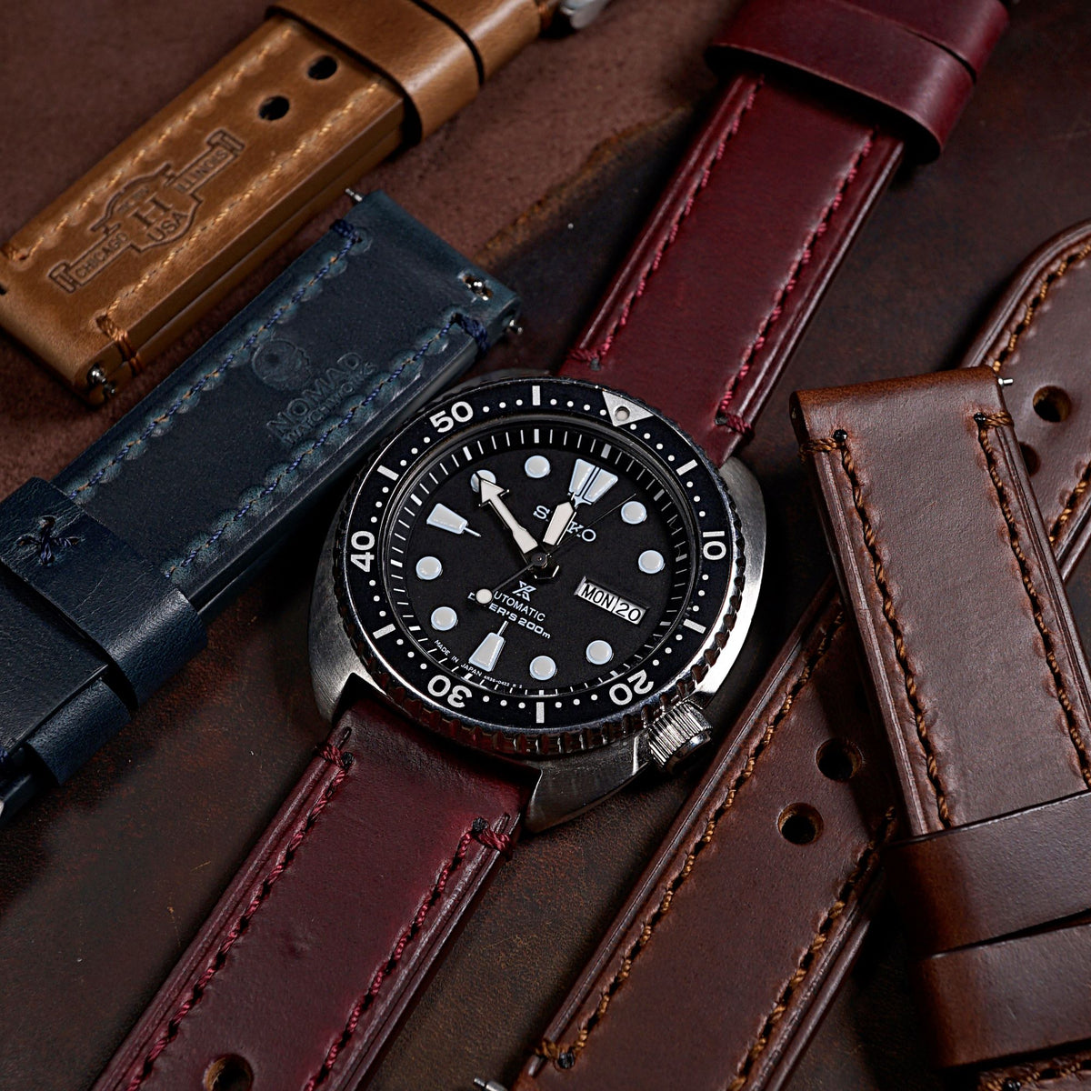 N2W Ammo Horween Leather Strap in Chromexcel® Burgundy - Nomad Watch Works MY