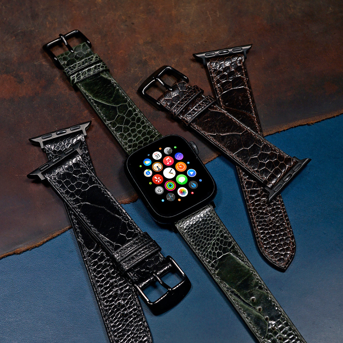 Ostrich Leather Watch Strap in Olive (Apple Watch) - Nomad Watch Works MY
