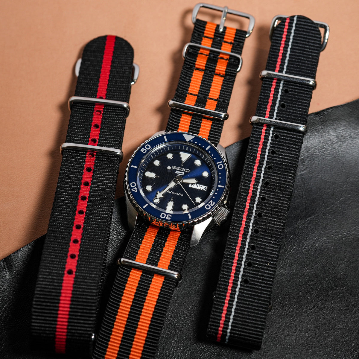 Premium Nato Strap in Black Orange Small Stripes - Nomad Watch Works MY