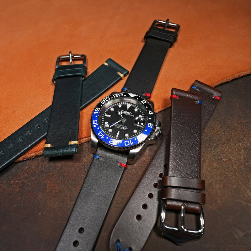 Premium Vintage Oil Waxed Leather Watch Strap in Black - Pepsi - Nomad Watch Works MY