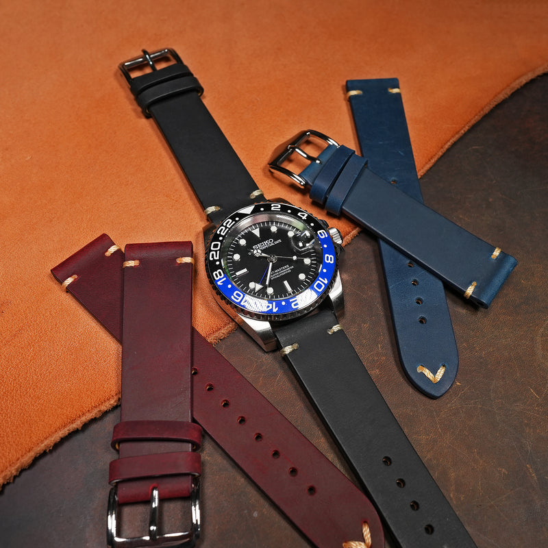 Premium Vintage Calf Leather Watch Strap in Black - Nomad Watch Works MY