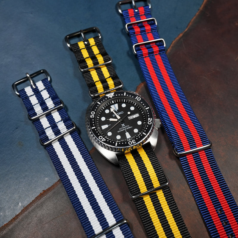Premium Nato Strap in Black Yellow Small Stripes - Nomad Watch Works MY