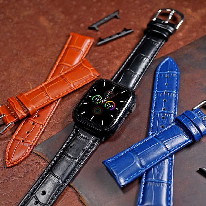 Apple Watch Genuine Croc Pattern Stitched Leather Strap in Black (38, 40, 41mm) - Nomad Watch Works MY