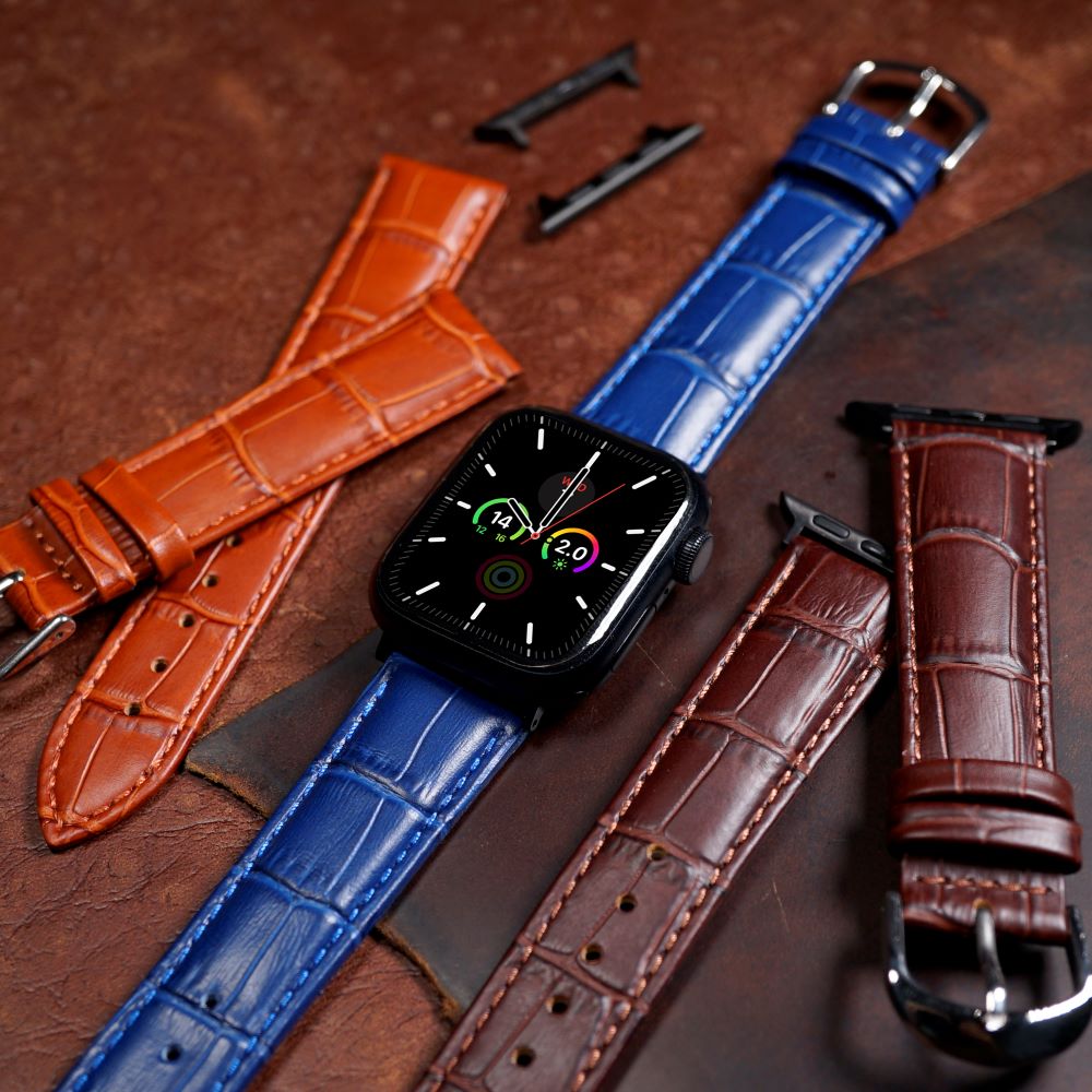 Apple Watch Genuine Croc Pattern Stitched Leather Strap in Navy (38, 40, 41mm) - Nomad Watch Works MY