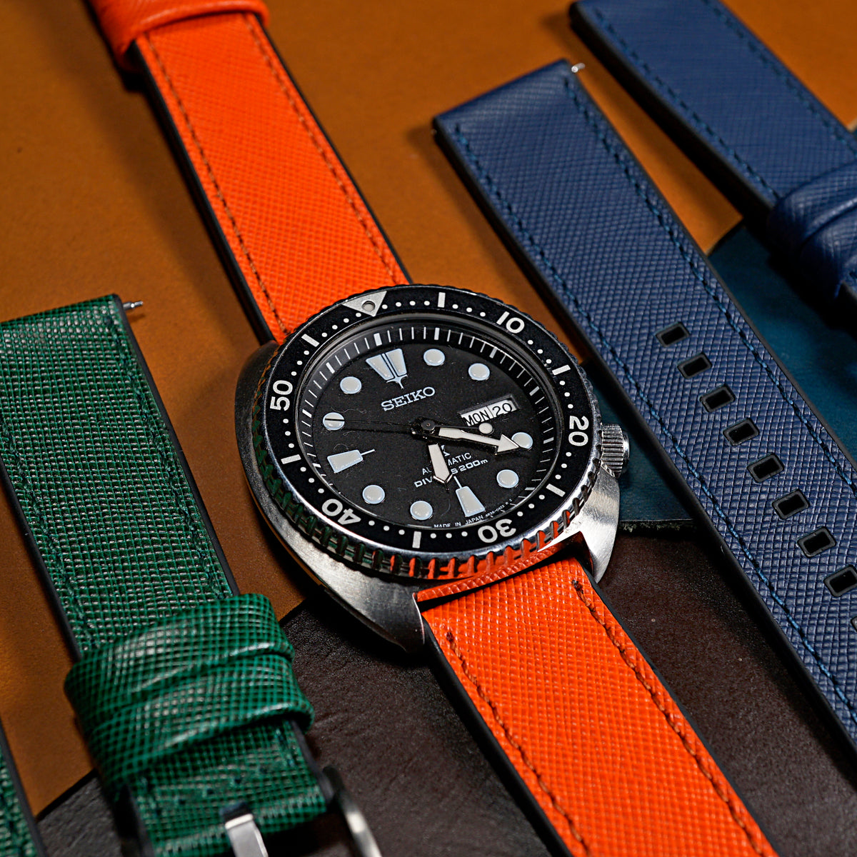 Performax Saffiano Leather FKM Rubber Hybrid Strap in Orange (20mm) - Nomad Watch Works MY