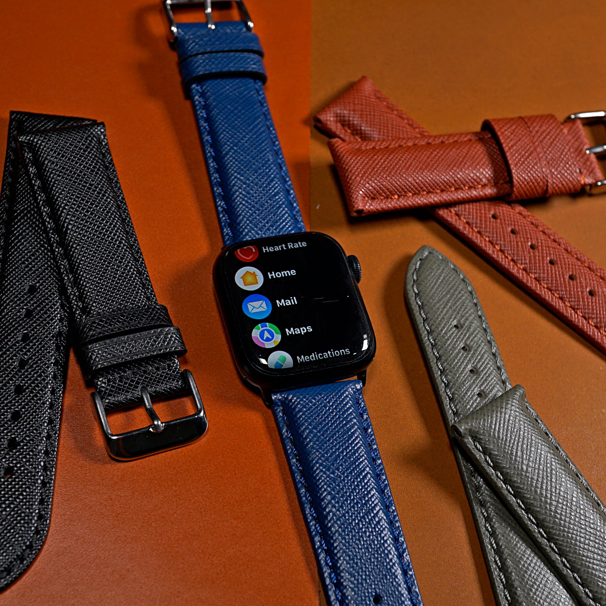 Apple Watch Premium Saffiano Leather Strap in Navy (38, 40, 41mm) - Nomad Watch Works MY