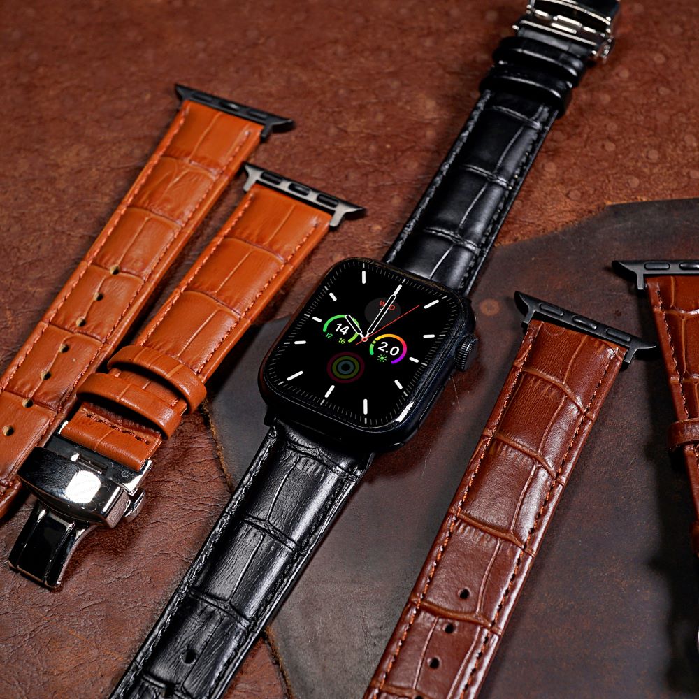 Apple Watch Genuine Croc Pattern Leather Watch Strap in Black w/ Butterfly Clasp (38, 40, 41mm) - Nomad Watch Works MY