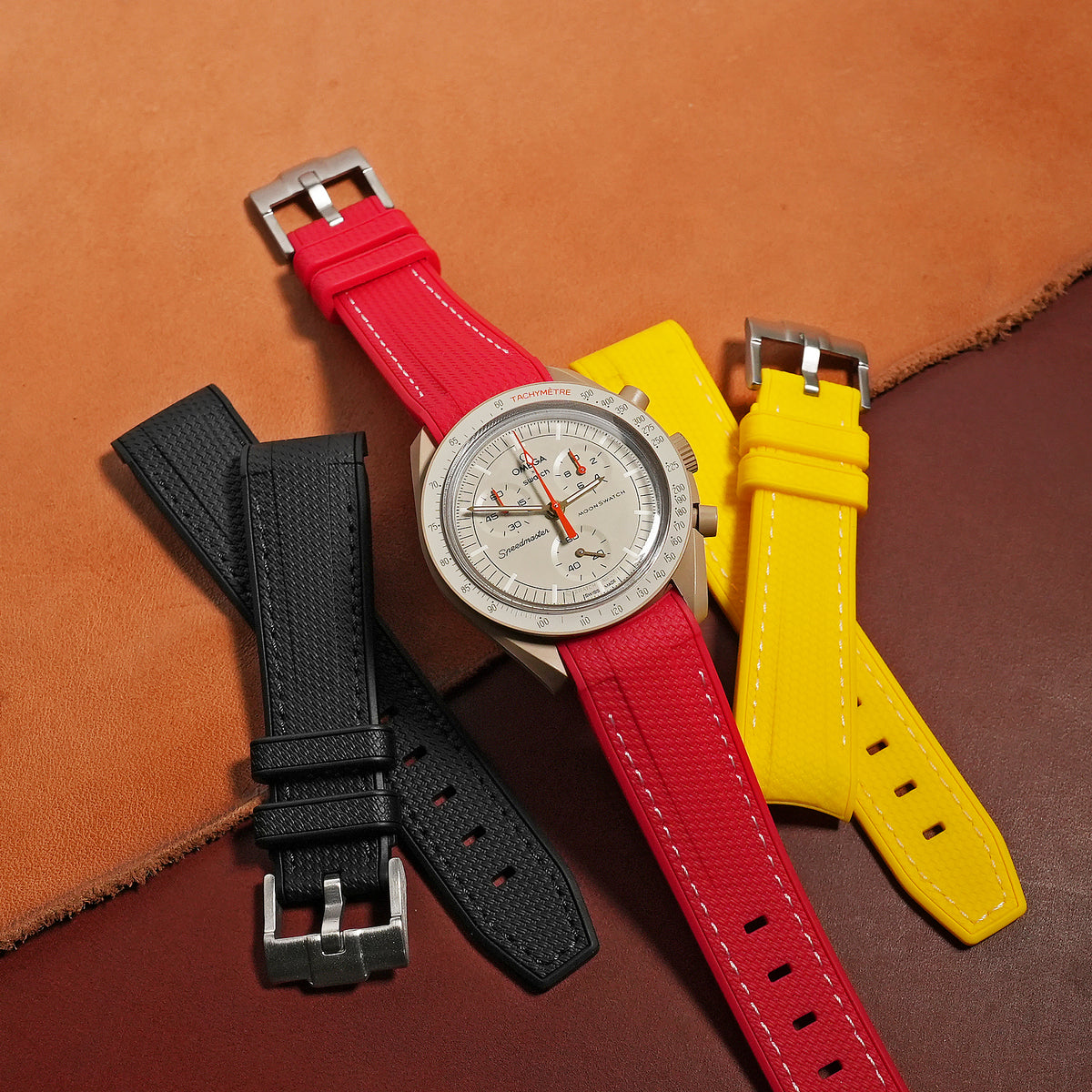 Retro Curved End Rubber Strap for Omega x Swatch Moonswatch in Red - Nomad Watch Works MY
