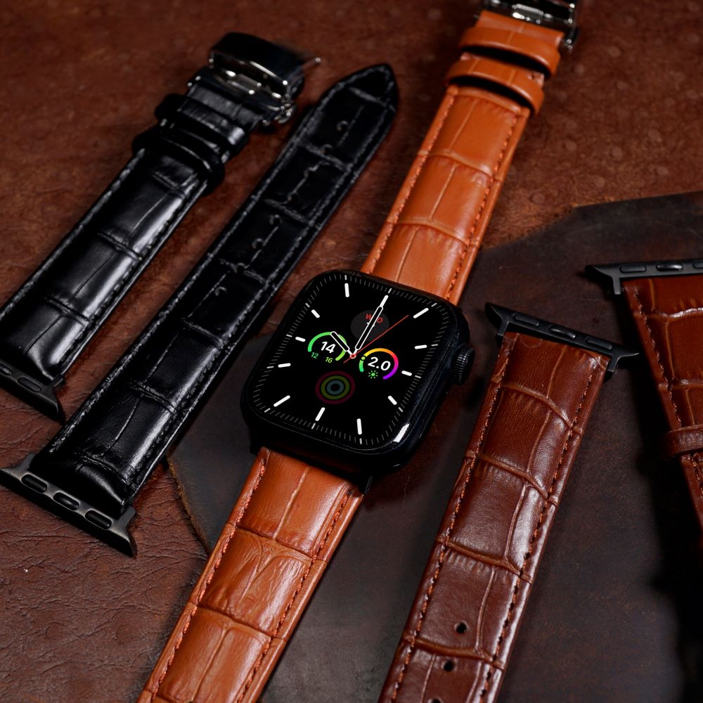 Apple Watch Genuine Croc Pattern Leather Watch Strap in Tan w/ Butterfly Clasp (38, 40, 41mm) - Nomad Watch Works MY