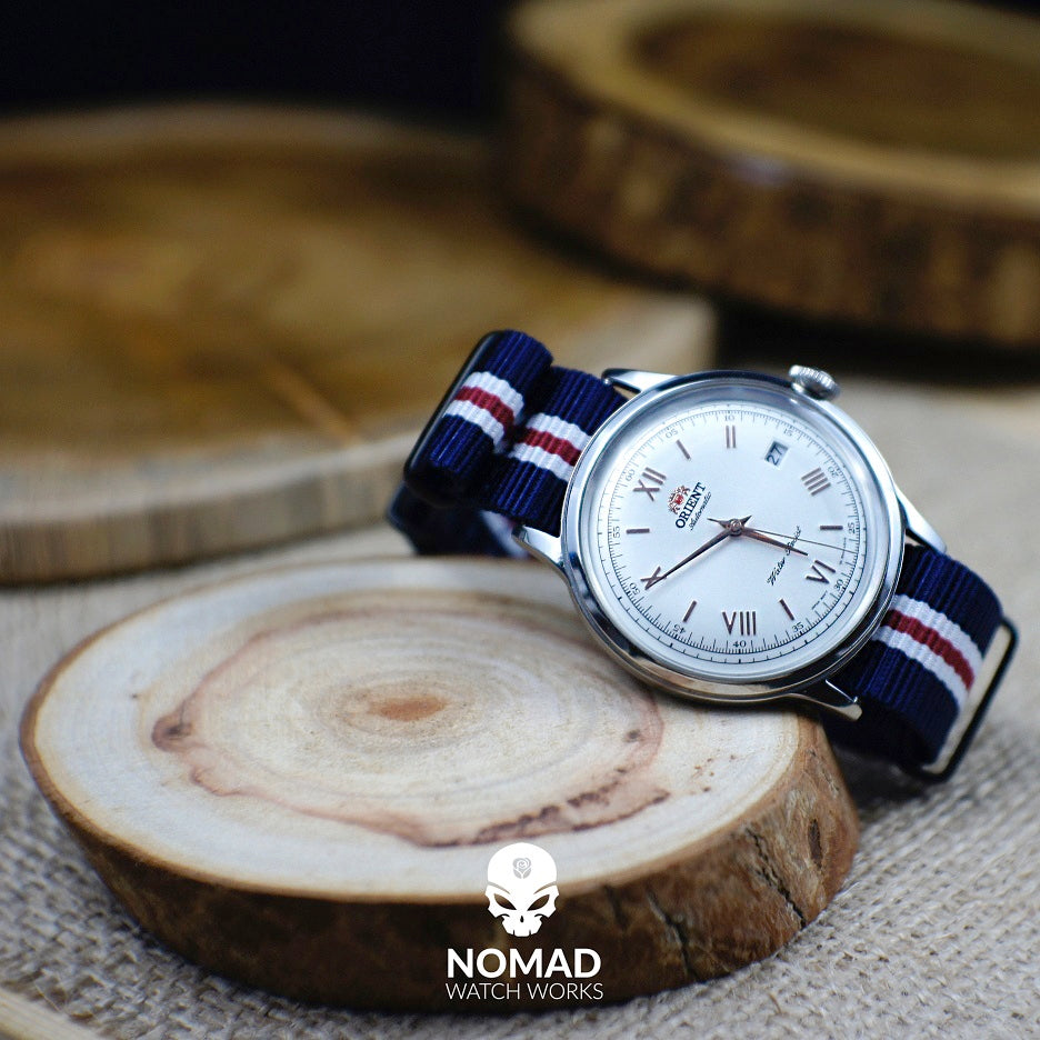 Premium Nato Strap in Navy White Red (Crest) with Polished Silver Buckle (20mm) - Nomad Watch Works Malaysia