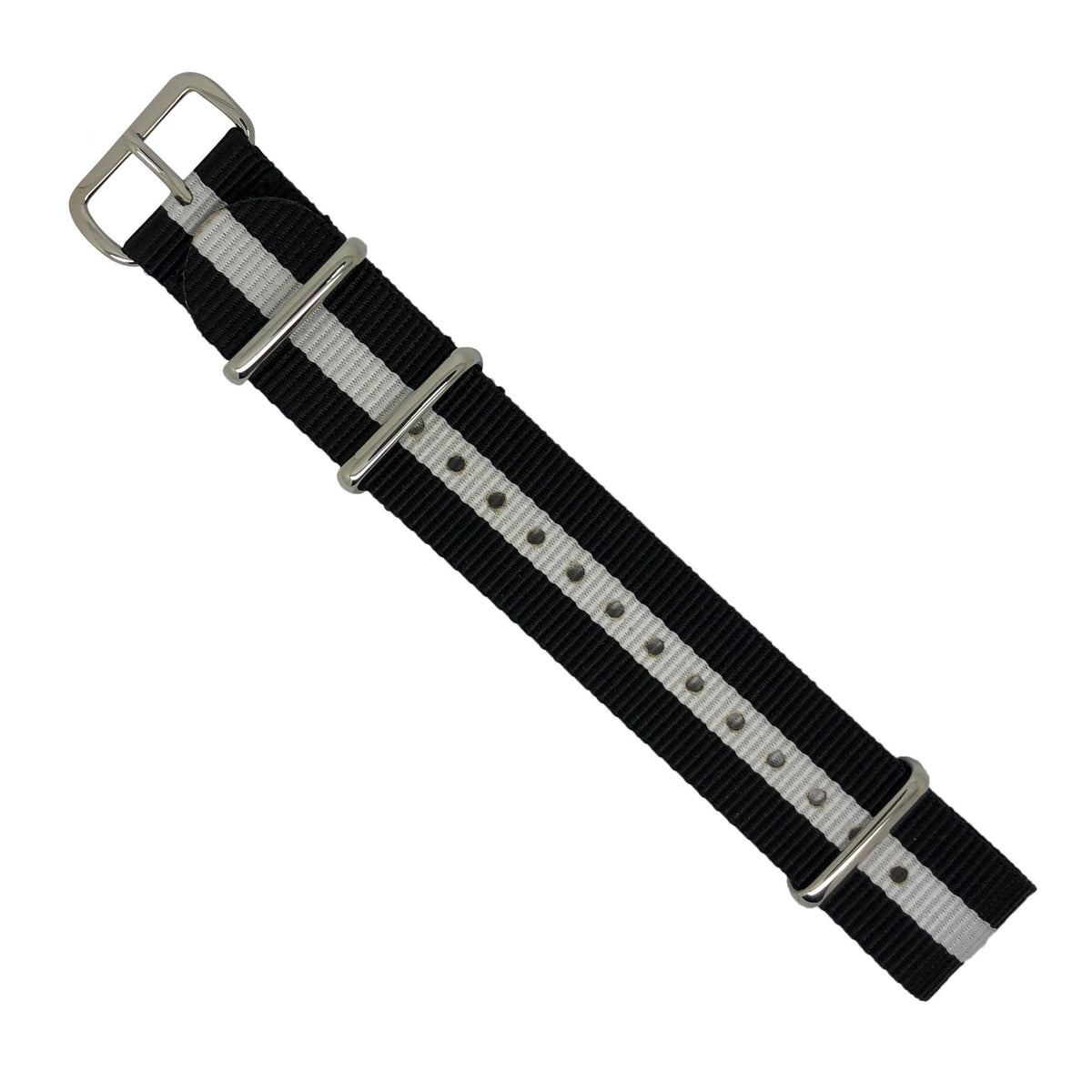 Premium Nato Strap in Black White with Polished Silver Buckle (20mm) - Nomad Watch Works Malaysia