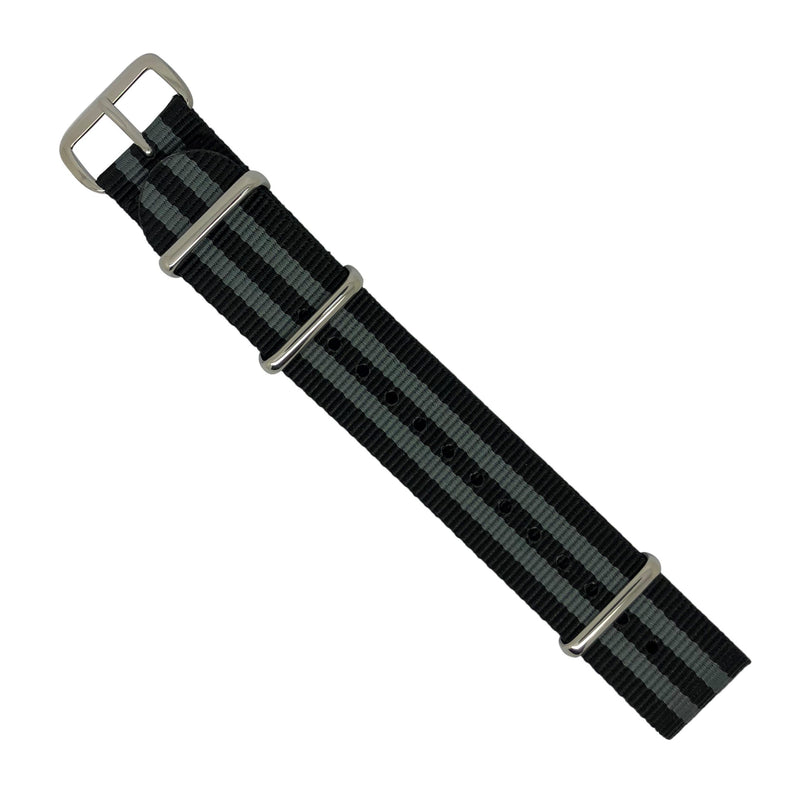Premium Nato Strap in Black Grey (James Bond) with Polished Silver Buckle (18mm) - Nomad Watch Works Malaysia