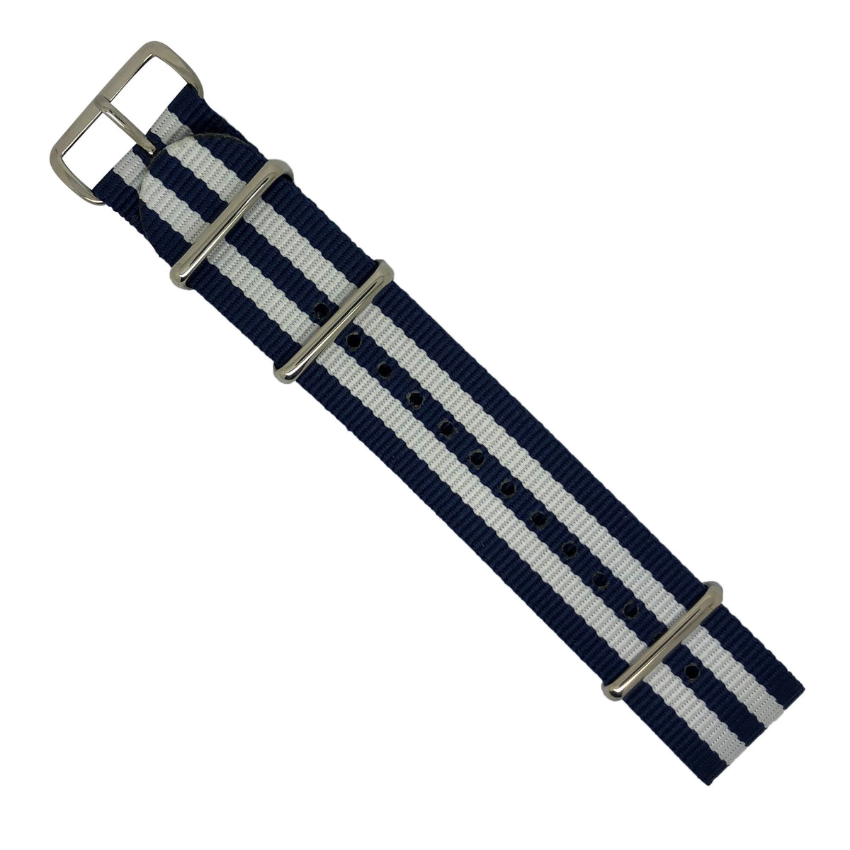 Premium Nato Strap in Navy White Small Stripes with Polished Silver Buckle (22mm) - Nomad Watch Works Malaysia