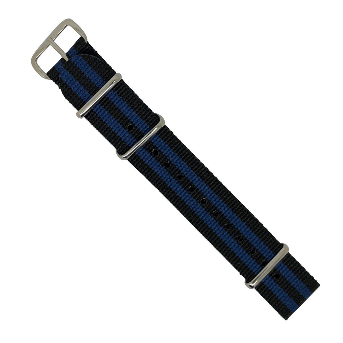 Premium Nato Strap in Black Blue Small Stripes with Polished Silver Buckle (20mm) - Nomad Watch Works Malaysia