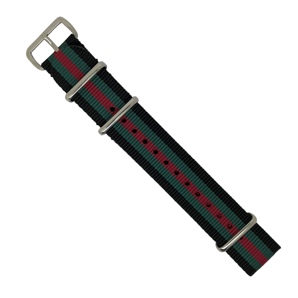 Premium Nato Strap in Black Green Red with Polished Silver Buckle (20mm) - Nomad Watch Works Malaysia