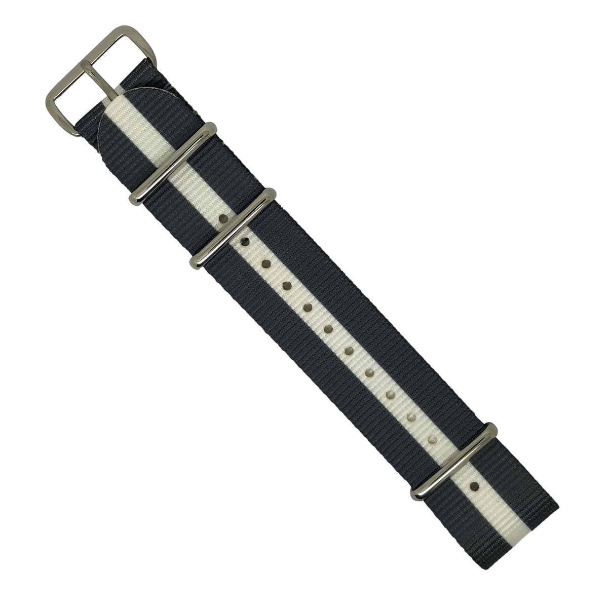 Premium Nato Strap in Grey White with Polished Silver Buckle (22mm) - Nomad Watch Works Malaysia
