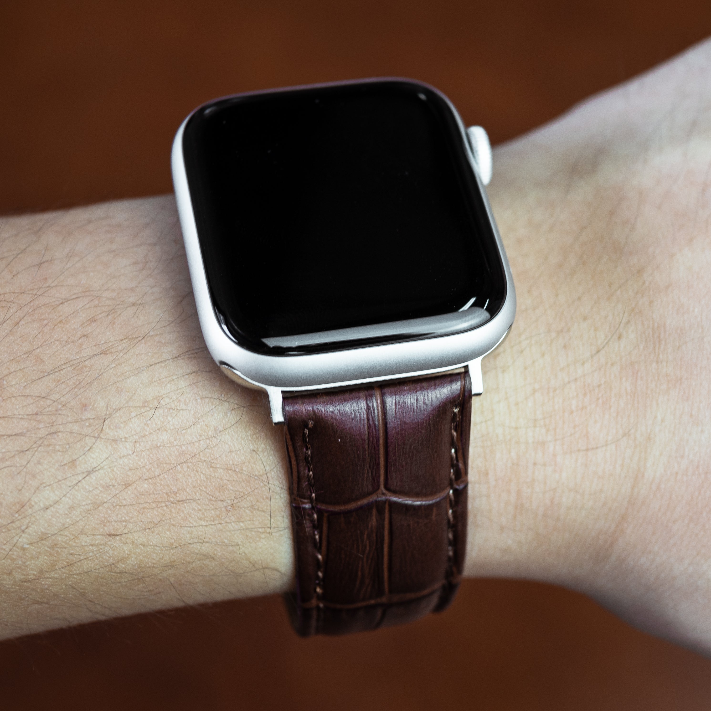 Genuine Croc Pattern Leather Watch Strap in Brown w Butterfly Clasp Apple Watch