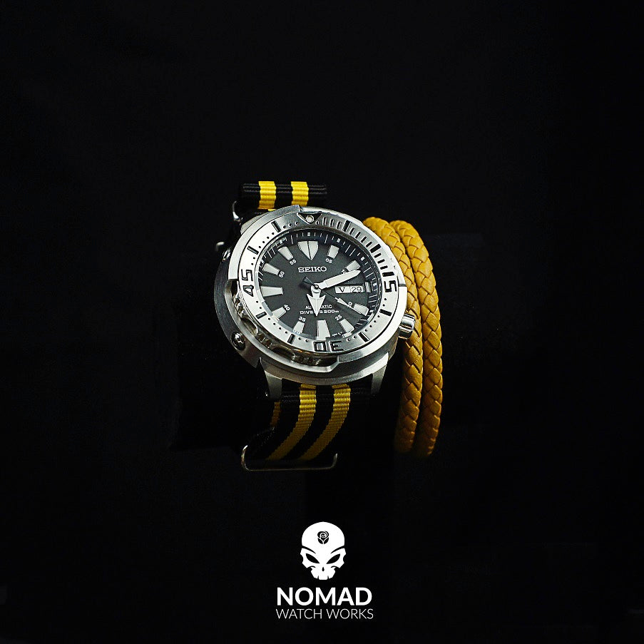 Premium Nato Strap in Black Yellow Small Stripes with Polished Silver Buckle (20mm) - Nomad Watch Works Malaysia