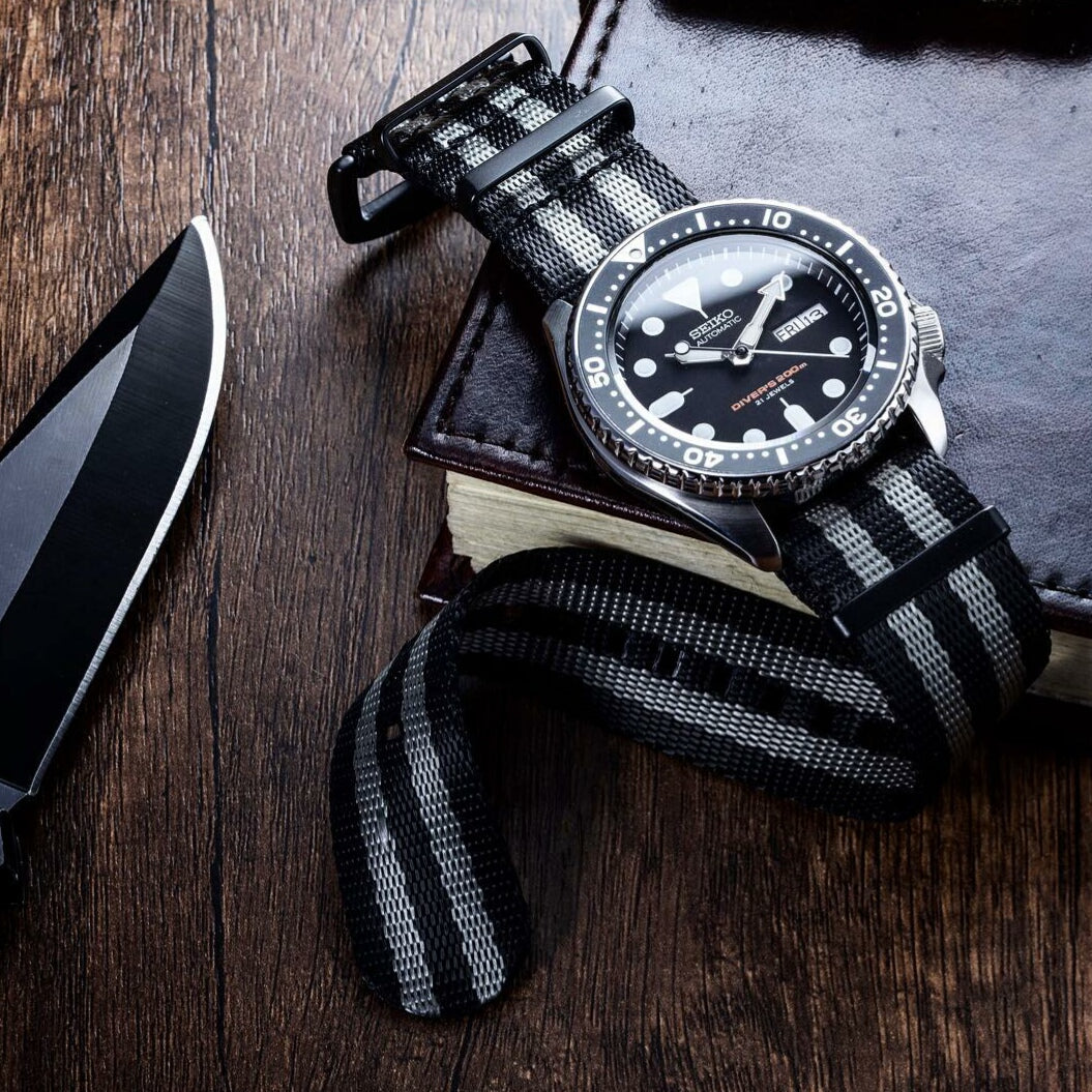 Seat Belt Nato Strap in Black Grey (James Bond) with Brushed Silver Buckle (20mm) - Nomad Watch Works Malaysia