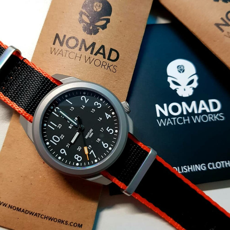 Seat Belt Nato Strap in Black with Orange Accent with Brushed Silver Buckle (20mm) - Nomad Watch Works Malaysia