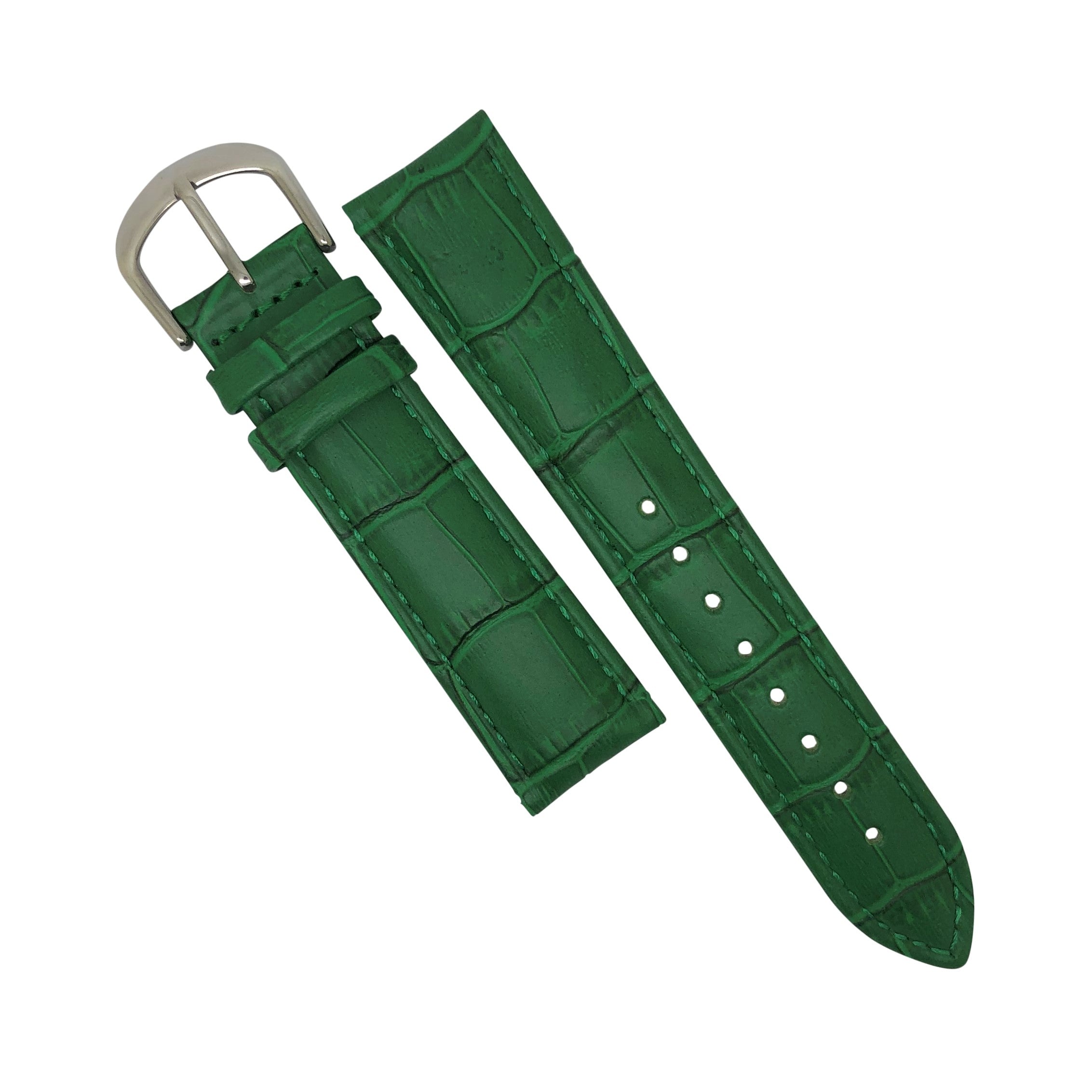 Genuine Croc Pattern Stitched Leather Watch Strap in Green with Silver Buckle (12mm) - Nomad Watch Works Malaysia