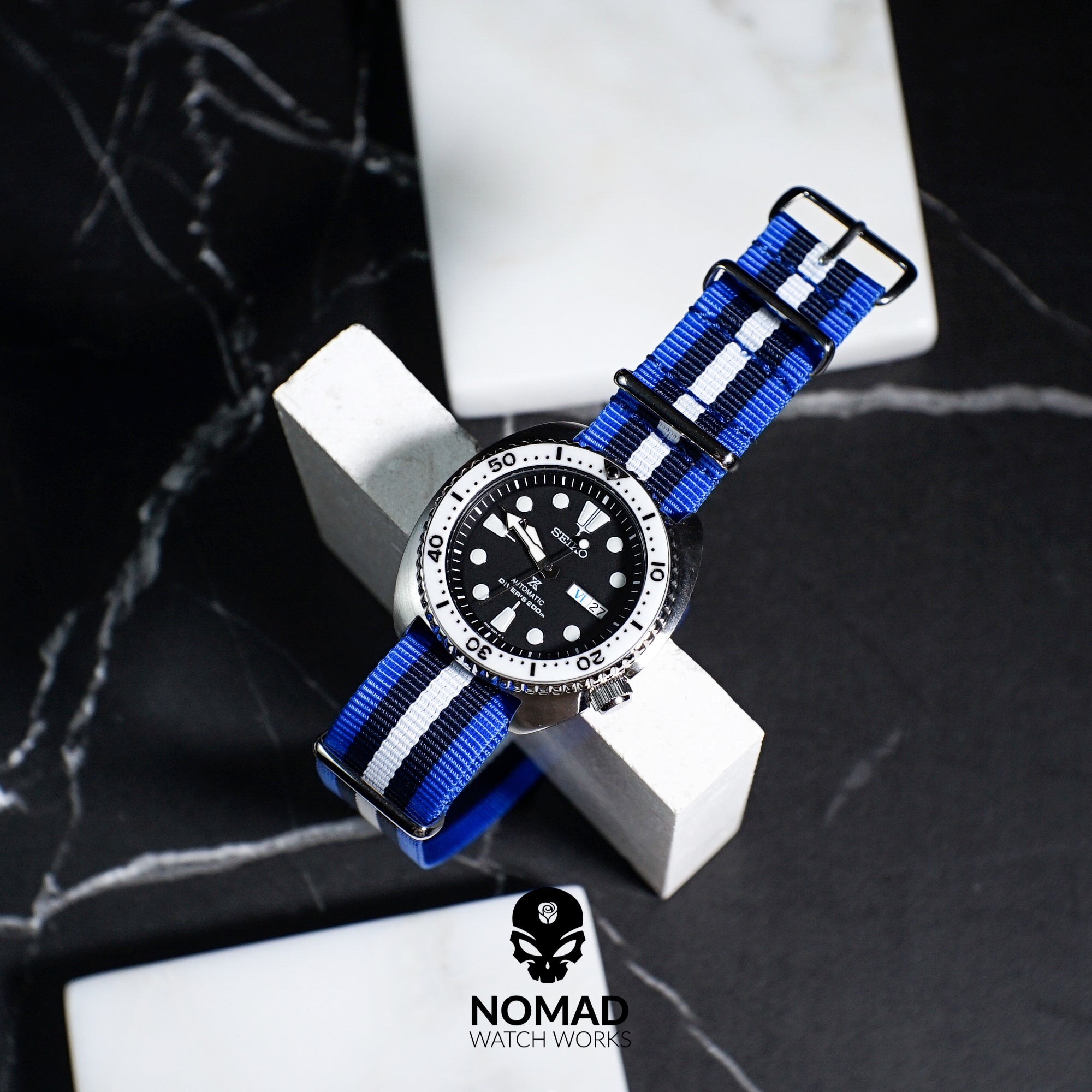 Premium Nato Strap in Blue Black White with Polished Silver Buckle (22mm) - Nomad Watch Works Malaysia