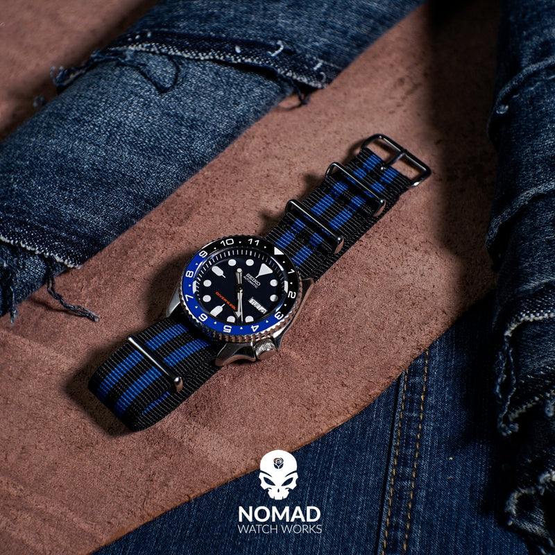 Premium Nato Strap in Black Blue Small Stripes with Polished Silver Buckle (20mm) - Nomad Watch Works Malaysia