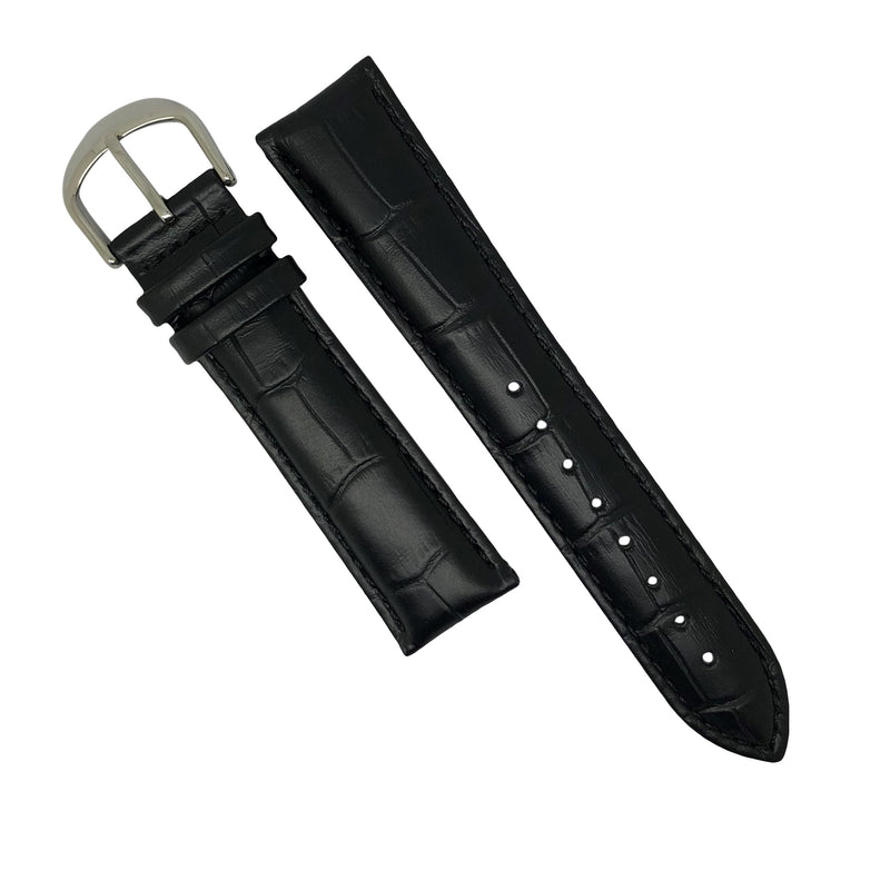 Genuine Croc Pattern Stitched Leather Watch Strap in Black with Silver Buckle (12mm) - Nomad Watch Works Malaysia