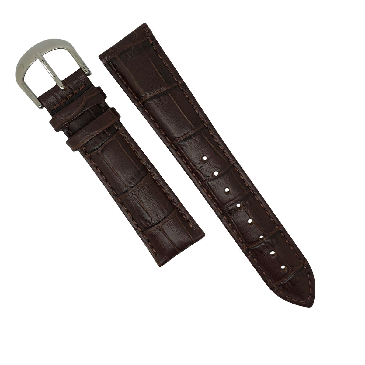 Genuine Croc Pattern Stitched Leather Watch Strap in Brown with Silver Buckle (12mm) - Nomad Watch Works Malaysia