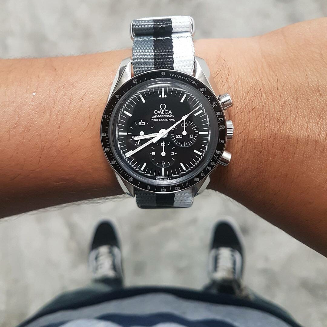 Premium Nato Strap in Grey Black White with Polished Silver Buckle (20mm) - Nomad Watch Works Malaysia