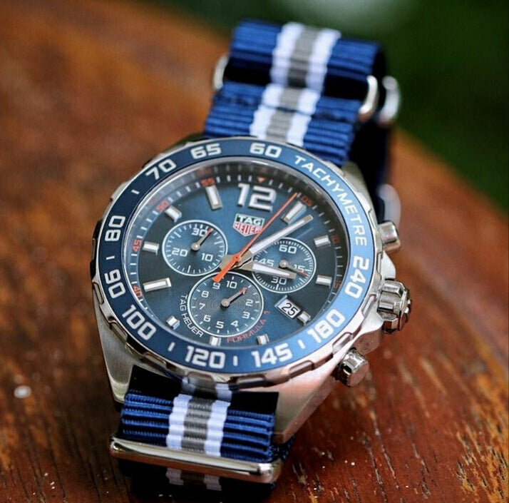 Premium Nato Strap in Navy White Grey (Crest) with Polished Silver Buckle (20mm) - Nomad Watch Works Malaysia