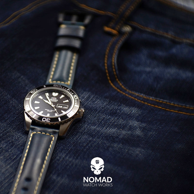 M2 Oil Waxed Leather Watch Strap in Navy with Silver Buckle (20mm) - Nomad Watch Works Malaysia