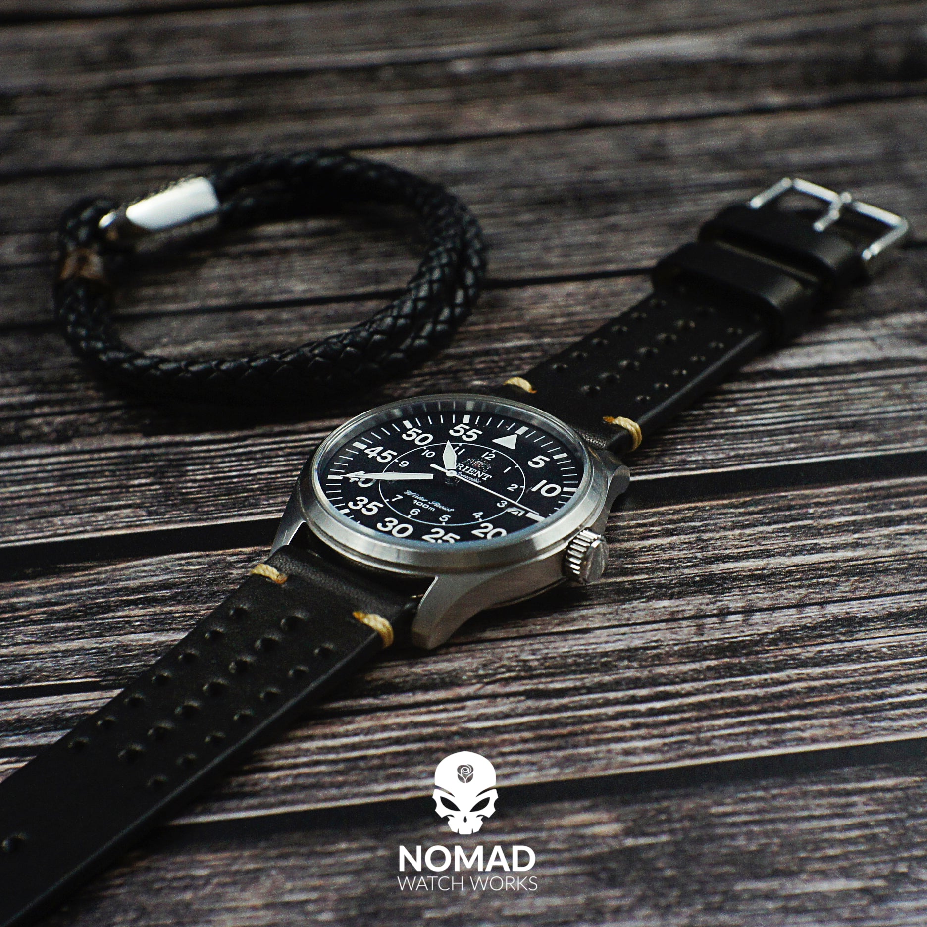 Oxford Leather Bracelet in Black (Size M) - Nomad Watch Works Malaysia
