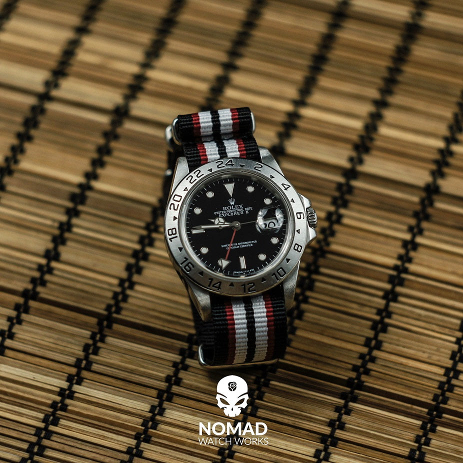Premium Nato Strap in Black Red White with Polished Silver Buckle (20mm) - Nomad Watch Works Malaysia