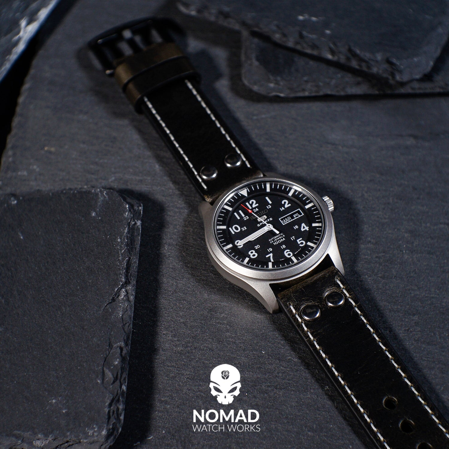 Premium Pilot Oil Waxed Leather Watch Strap in Black (20mm) - Nomad Watch Works Malaysia