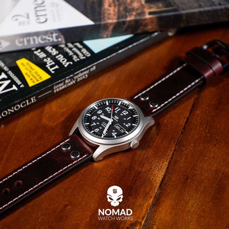 Premium Pilot Oil Waxed Leather Watch Strap in Maroon (20mm) - Nomad Watch Works Malaysia