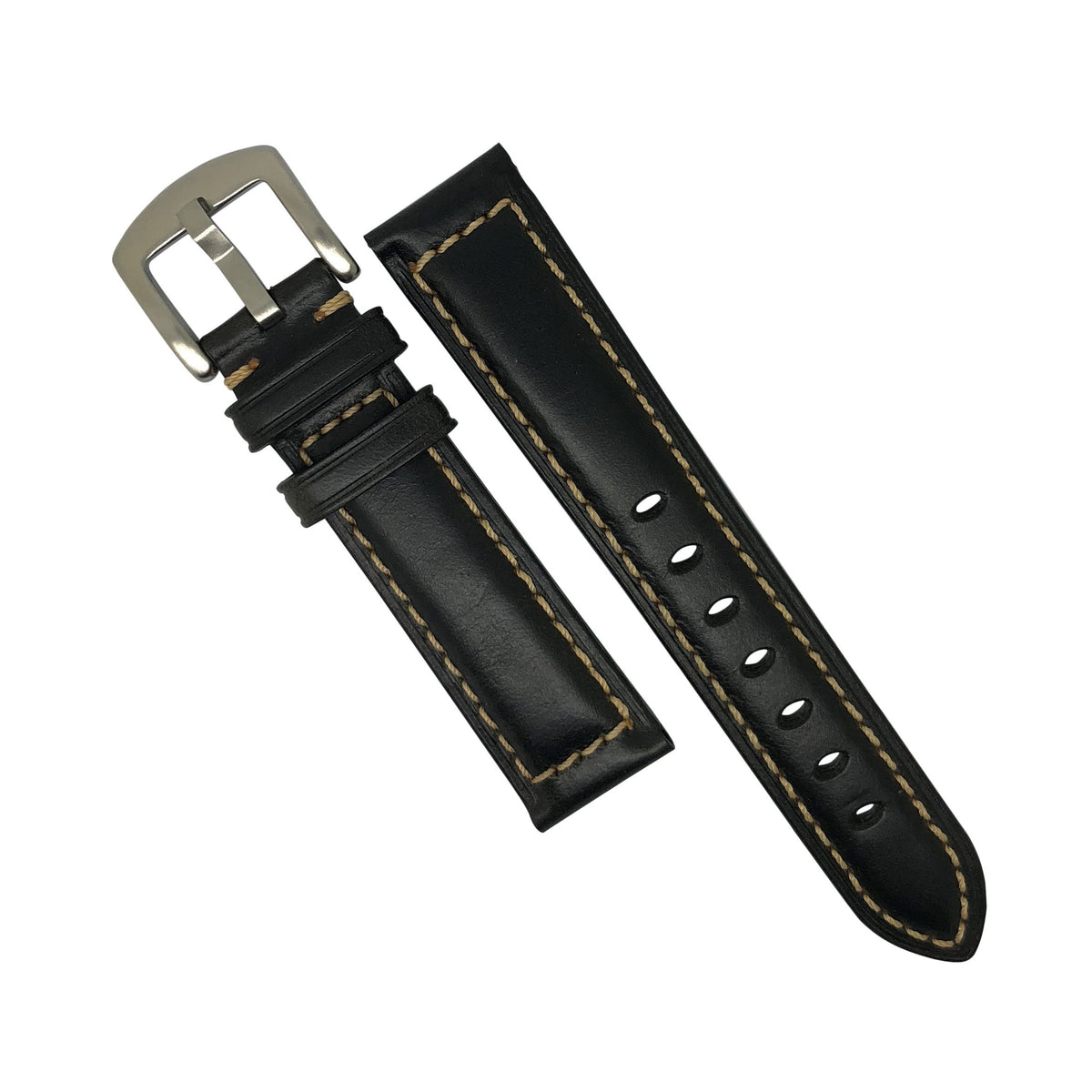 M2 Oil Waxed Leather Watch Strap in Black with Silver Buckle (20mm) - Nomad Watch Works Malaysia