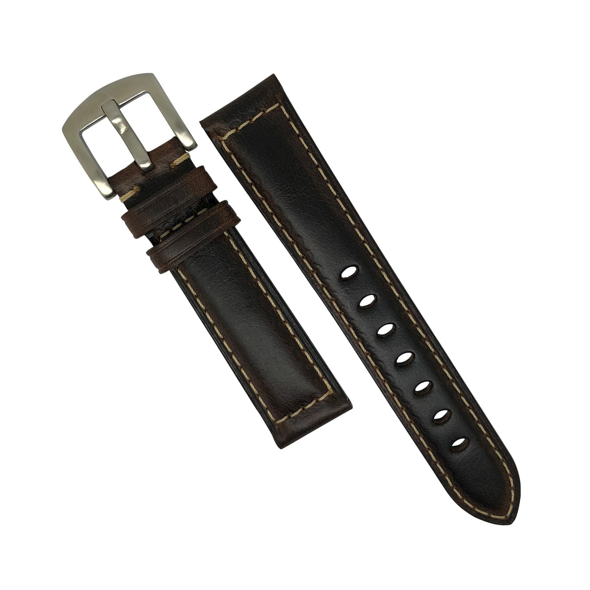M2 Oil Waxed Leather Watch Strap in Brown with Silver Buckle (20mm) - Nomad Watch Works Malaysia