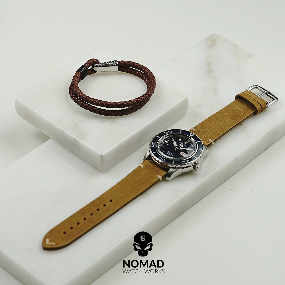 Premium Vintage Calf Leather Watch Strap in Tan (20mm) - Nomad Watch Works Malaysia