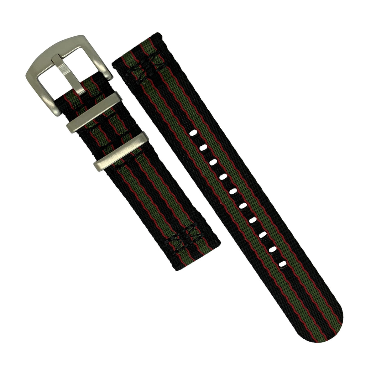 Two Piece Seat Belt Nato Strap in Black Green Red (James Bond) with Brushed Silver Buckle (20mm) - Nomad Watch Works Malaysia
