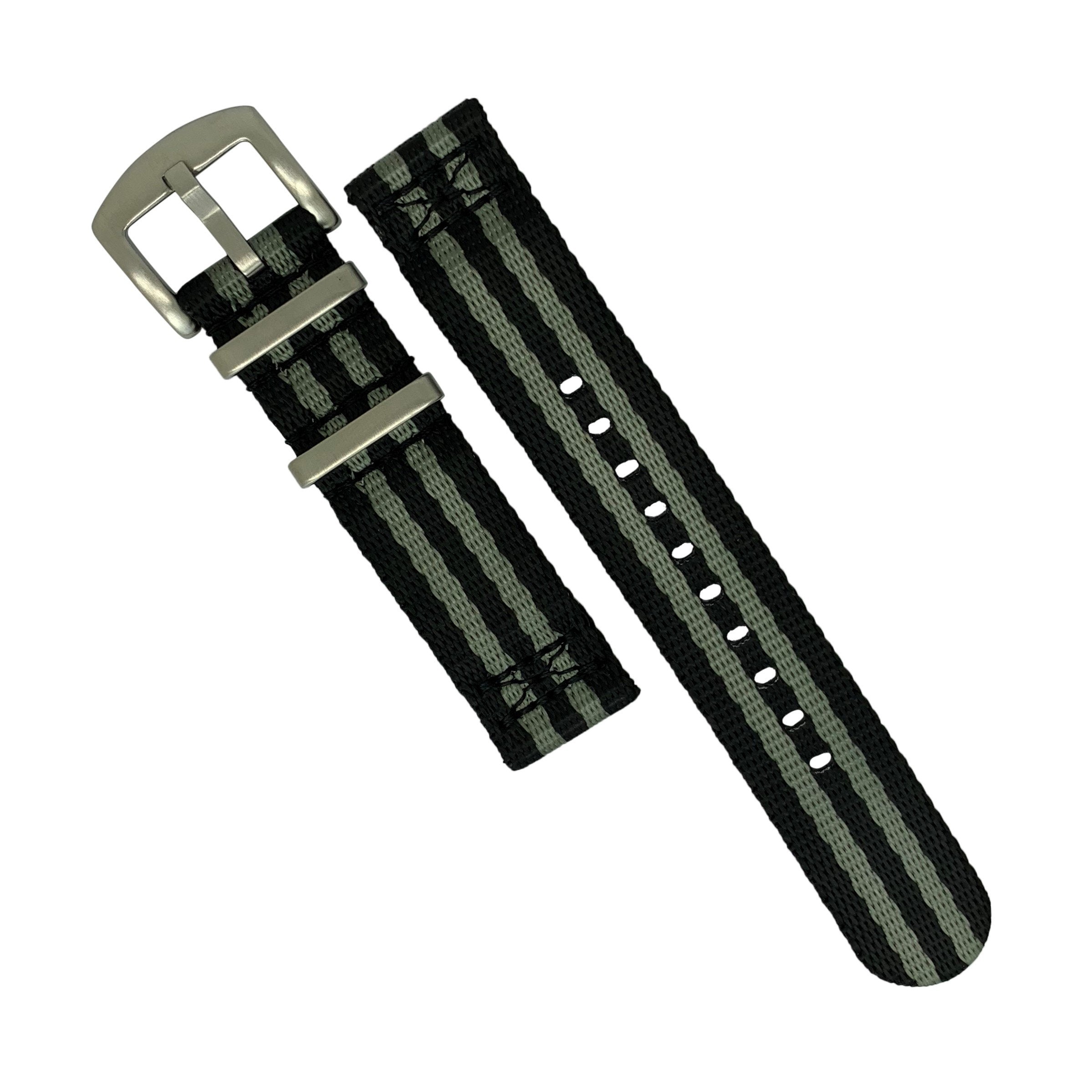 Two Piece Seat Belt Nato Strap in Black Grey (James Bond) with Brushed Silver Buckle (20mm) - Nomad Watch Works Malaysia